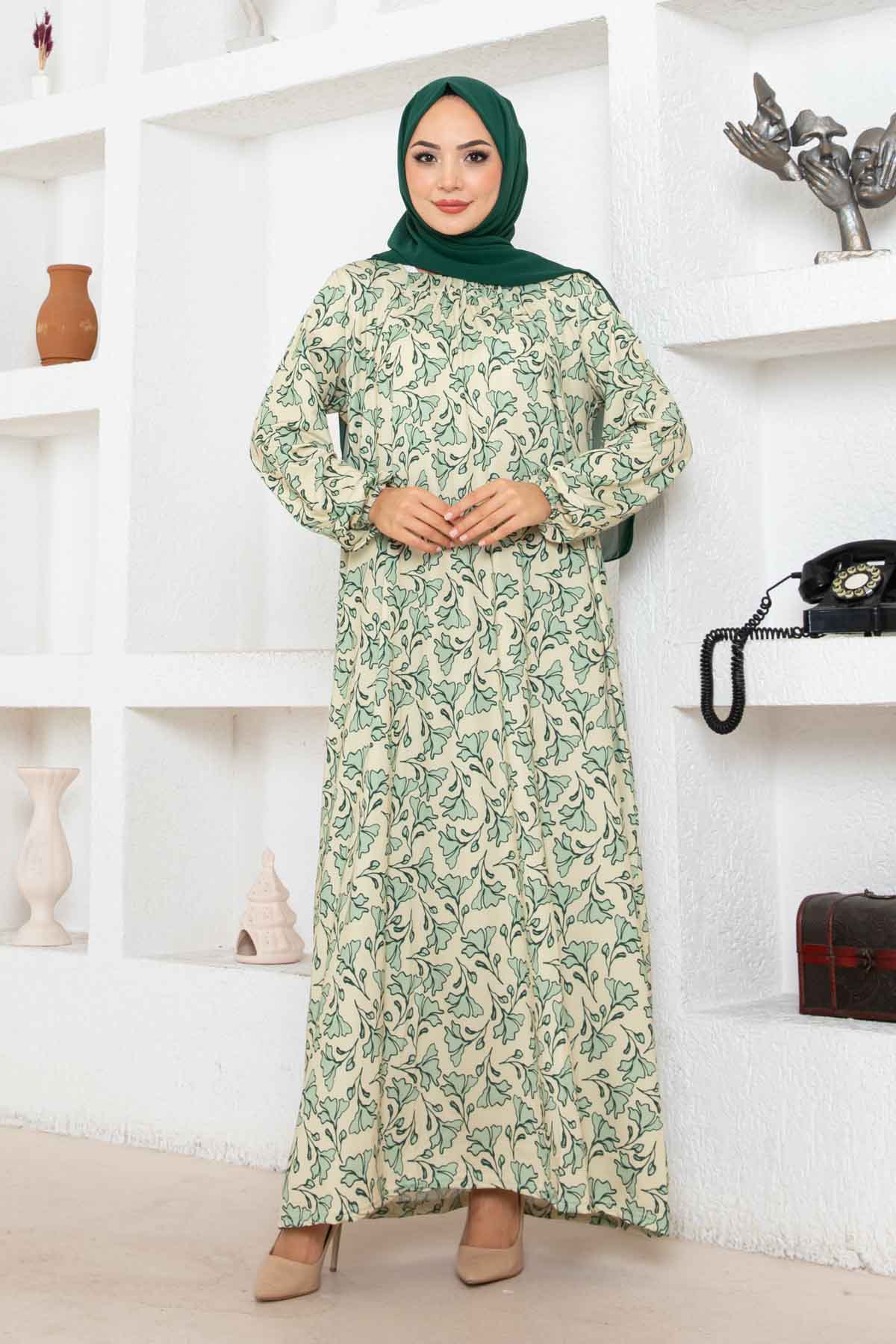 Botanik Desen Ferace Elbise - Taş Botanik Desen Ferace Elbise - Taş