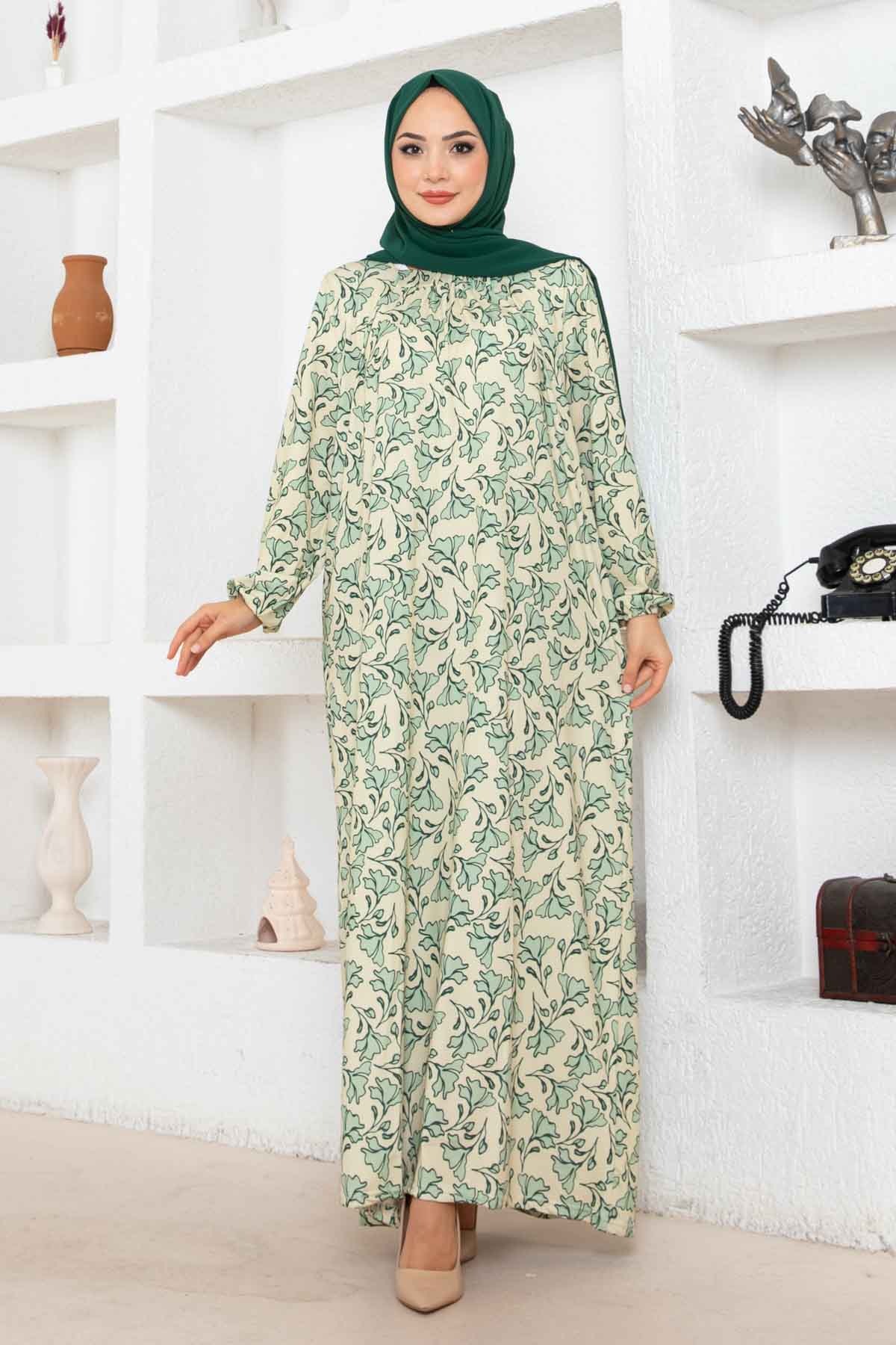 Botanik Desen Ferace Elbise - Taş Botanik Desen Ferace Elbise - Taş