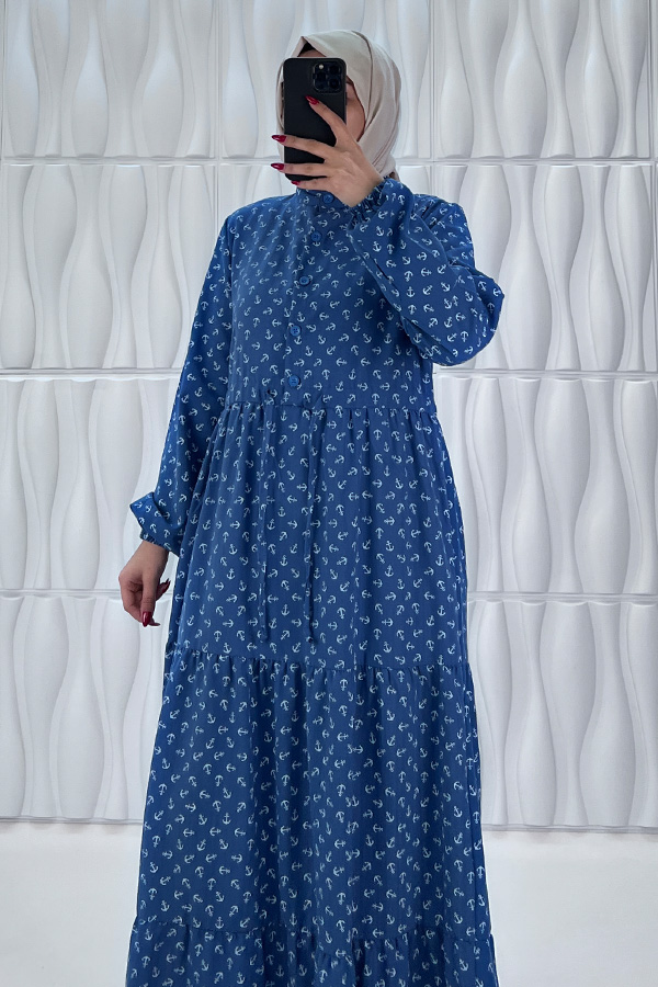 Çapa Baskılı Elbise - Lacivert