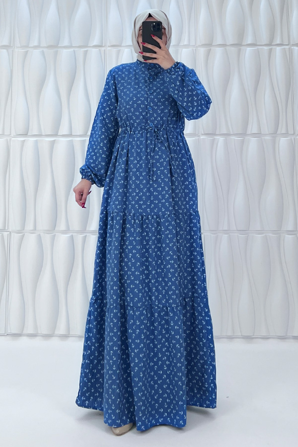 Çapa Baskılı Elbise - Lacivert