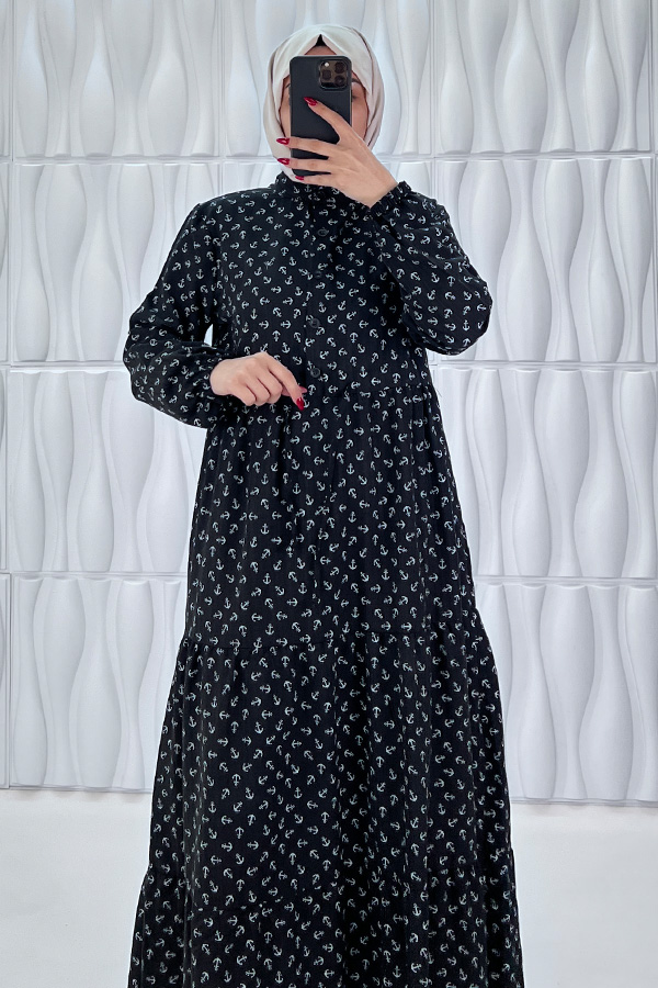 Çapa Baskılı Elbise - Siyah