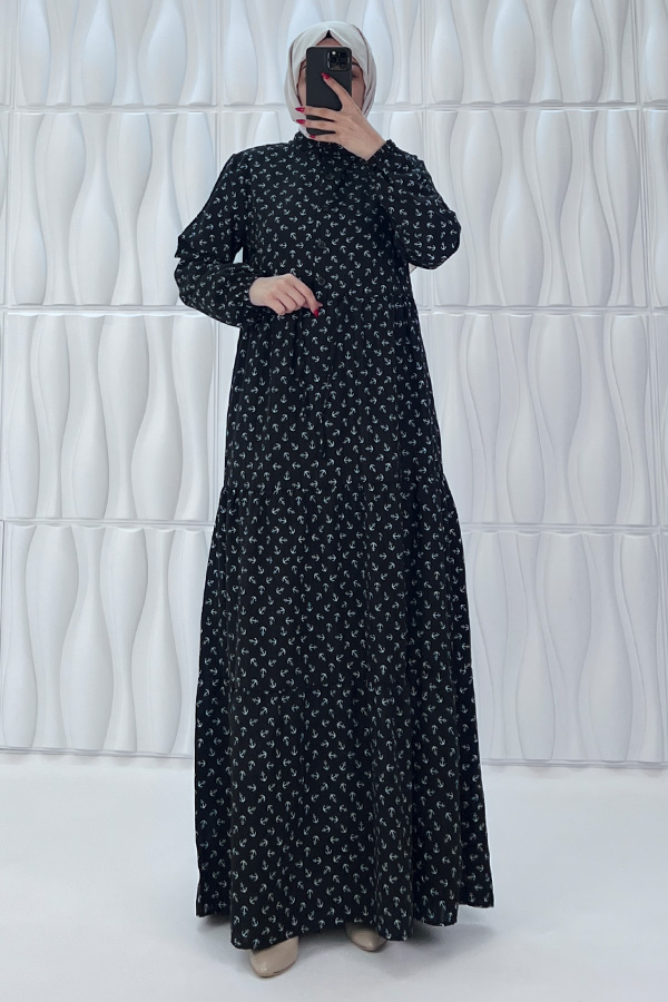 Çapa Baskılı Elbise - Siyah