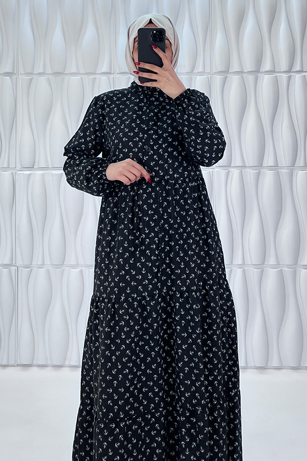 Çapa Baskılı Elbise - Siyah
