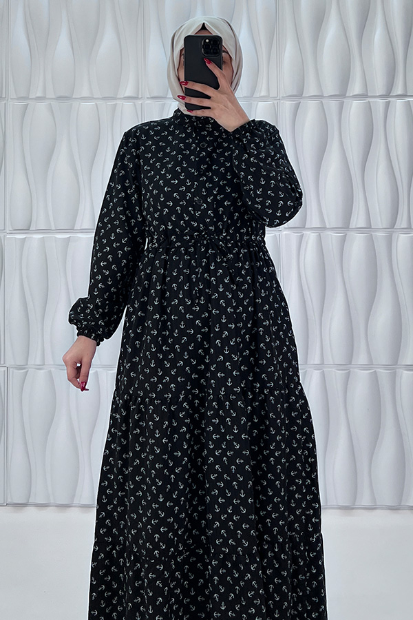 Çapa Baskılı Elbise - Siyah