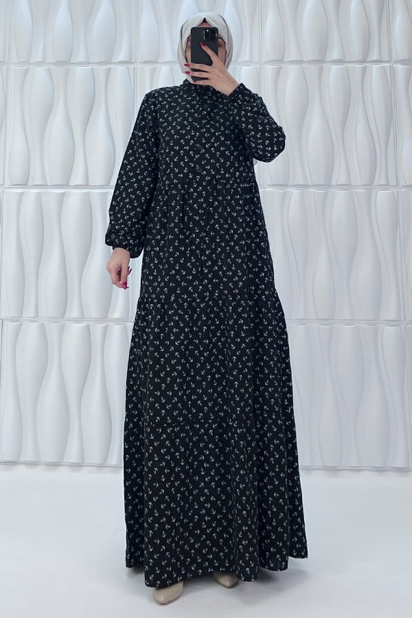 Çapa Baskılı Elbise - Siyah
