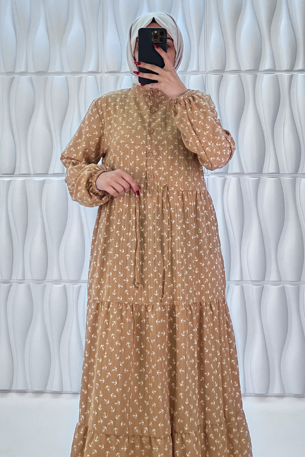 Çapa Baskılı Elbise - Vizon