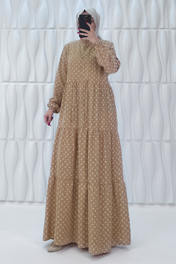 Çapa Baskılı Elbise - Vizon