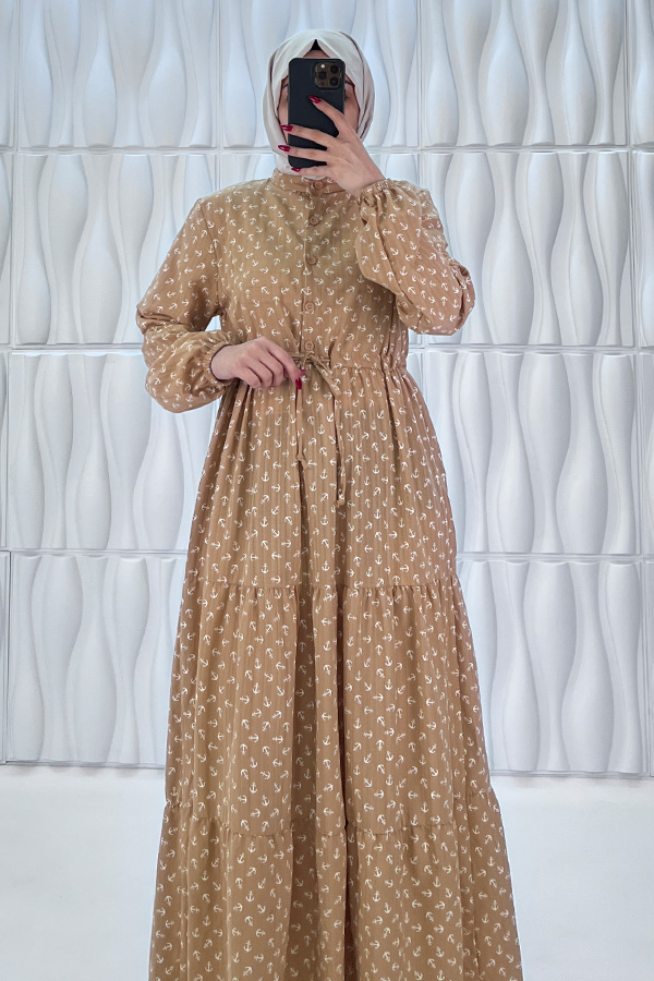 Çapa Baskılı Elbise - Vizon