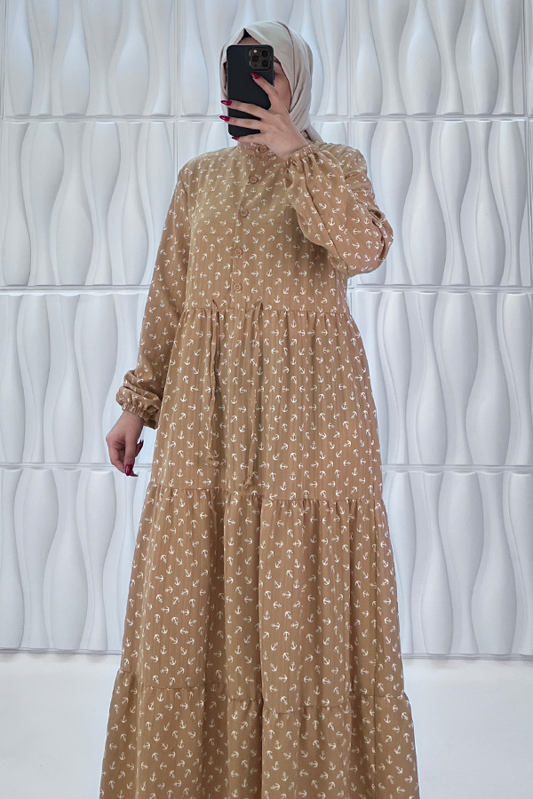 Çapa Baskılı Elbise - Vizon