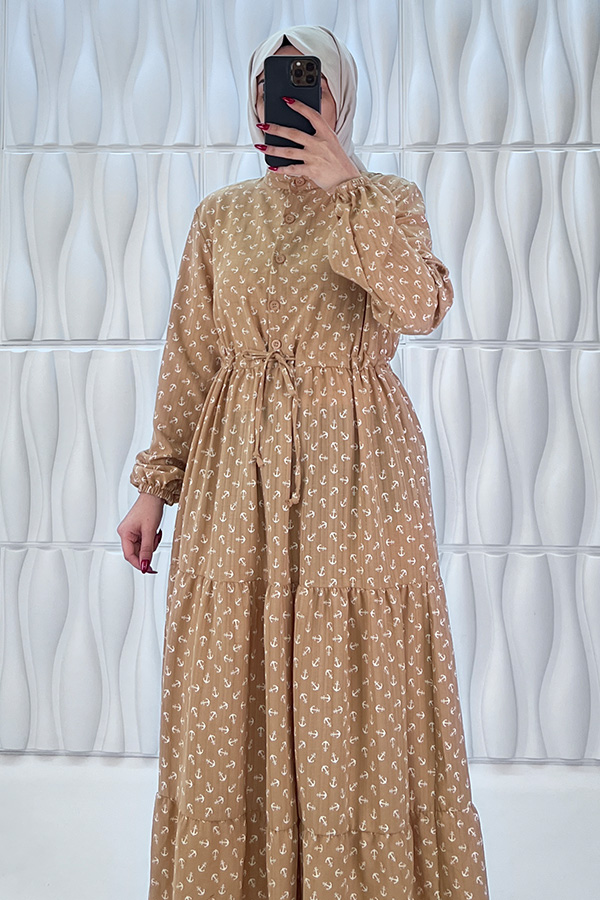 Çapa Baskılı Elbise - Vizon