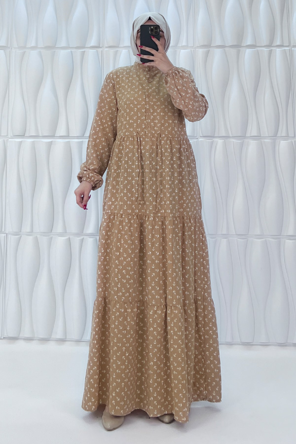 Çapa Baskılı Elbise - Vizon