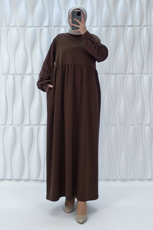 Cepli İki İplik Elbise - Kahverengi