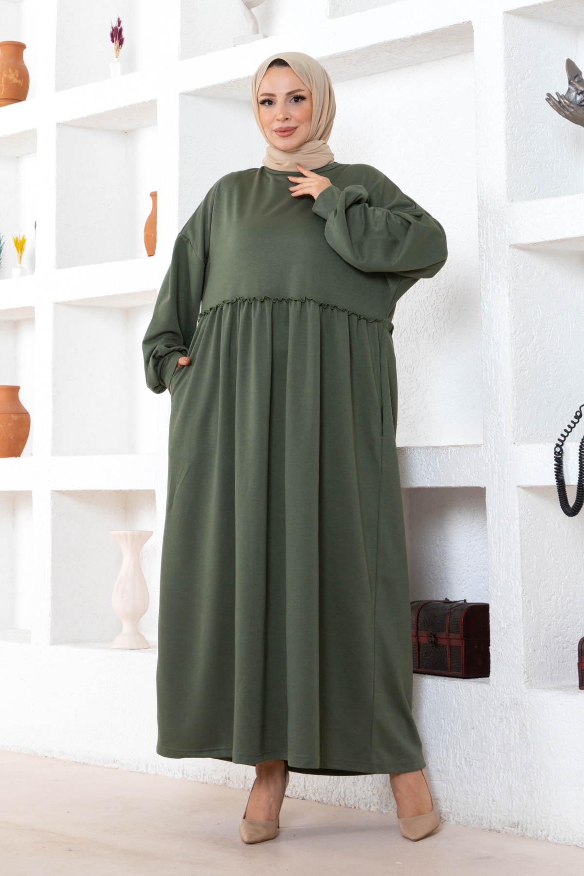 Cepli Salaş Fırfır Detaylı Elbise - Haki