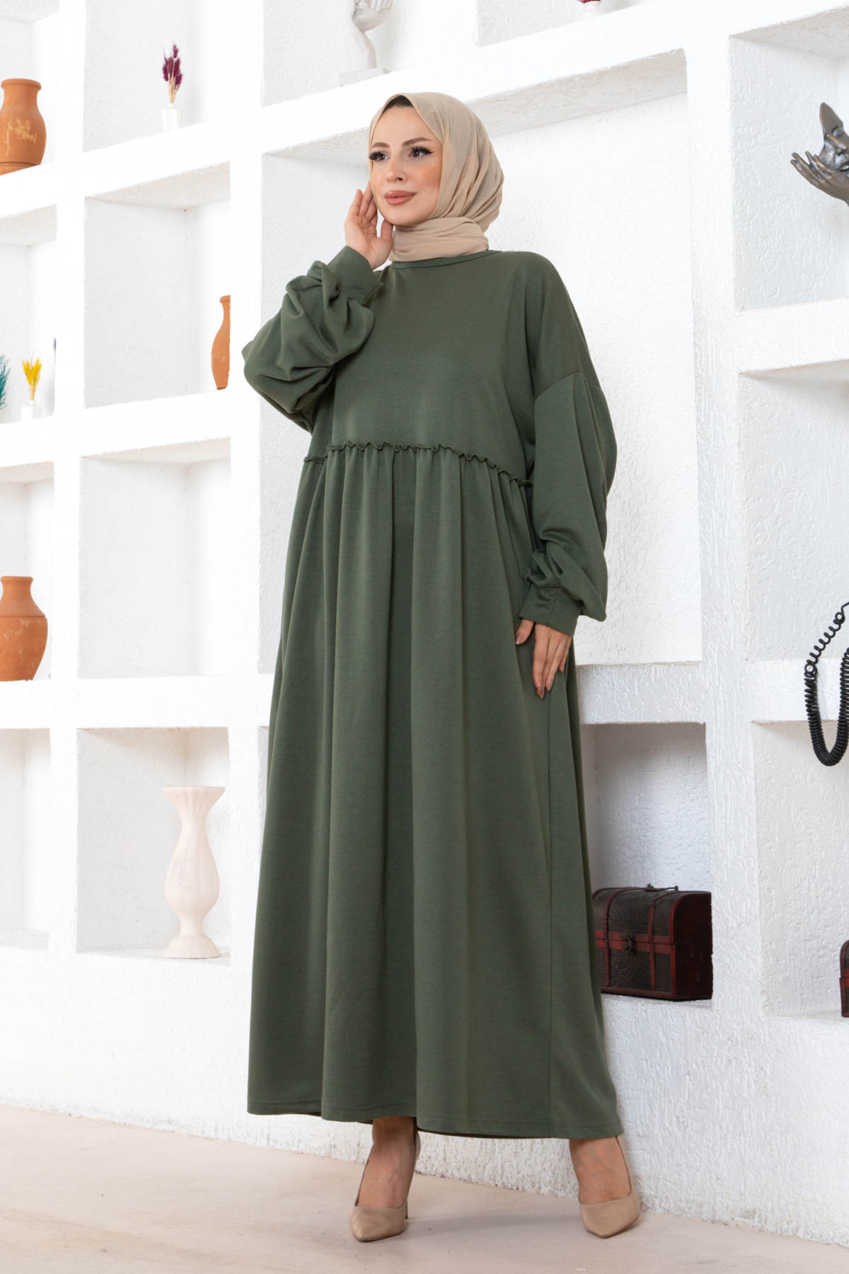 Cepli Salaş Fırfır Detaylı Elbise - Haki