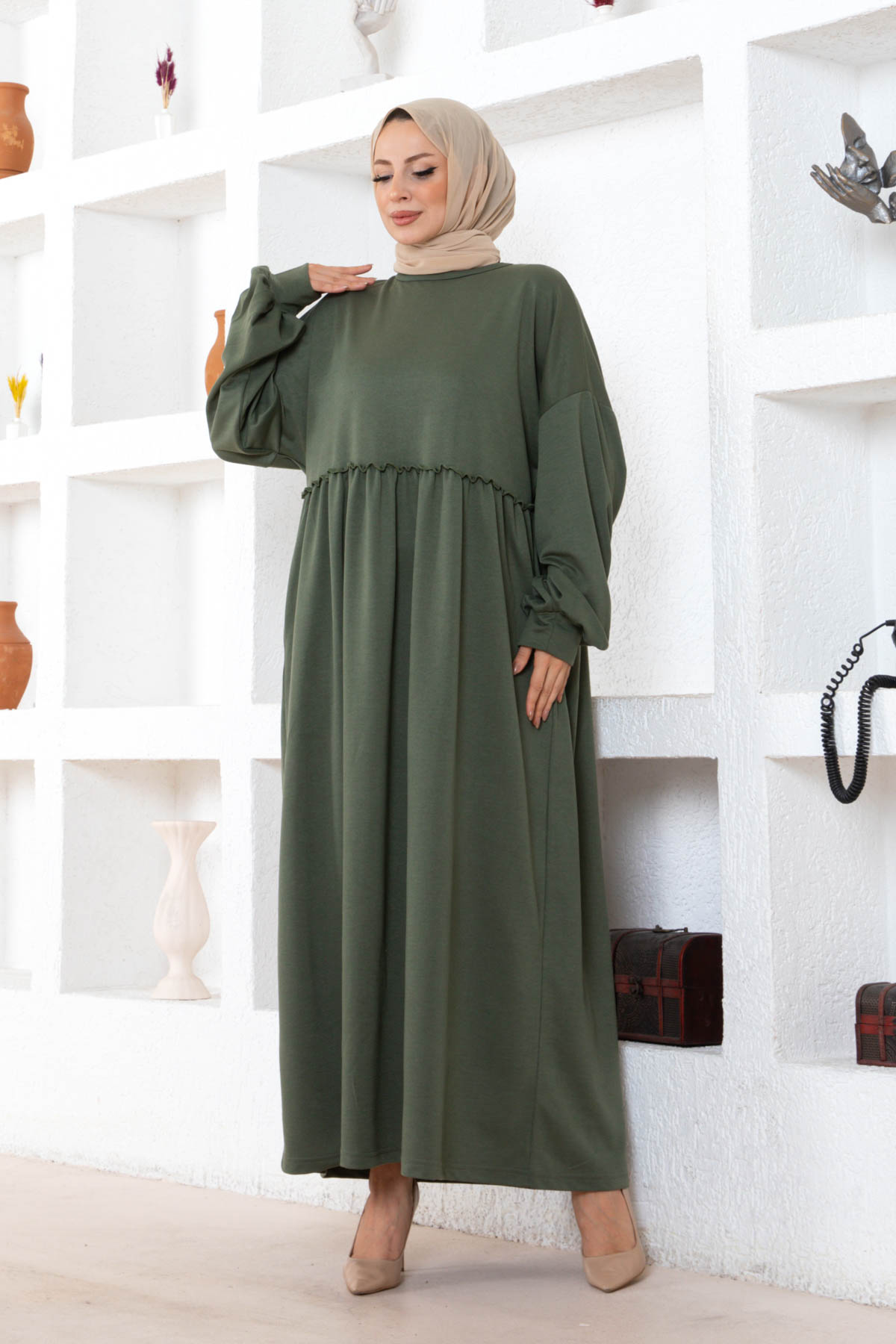 Cepli Salaş Fırfır Detaylı Elbise - Haki