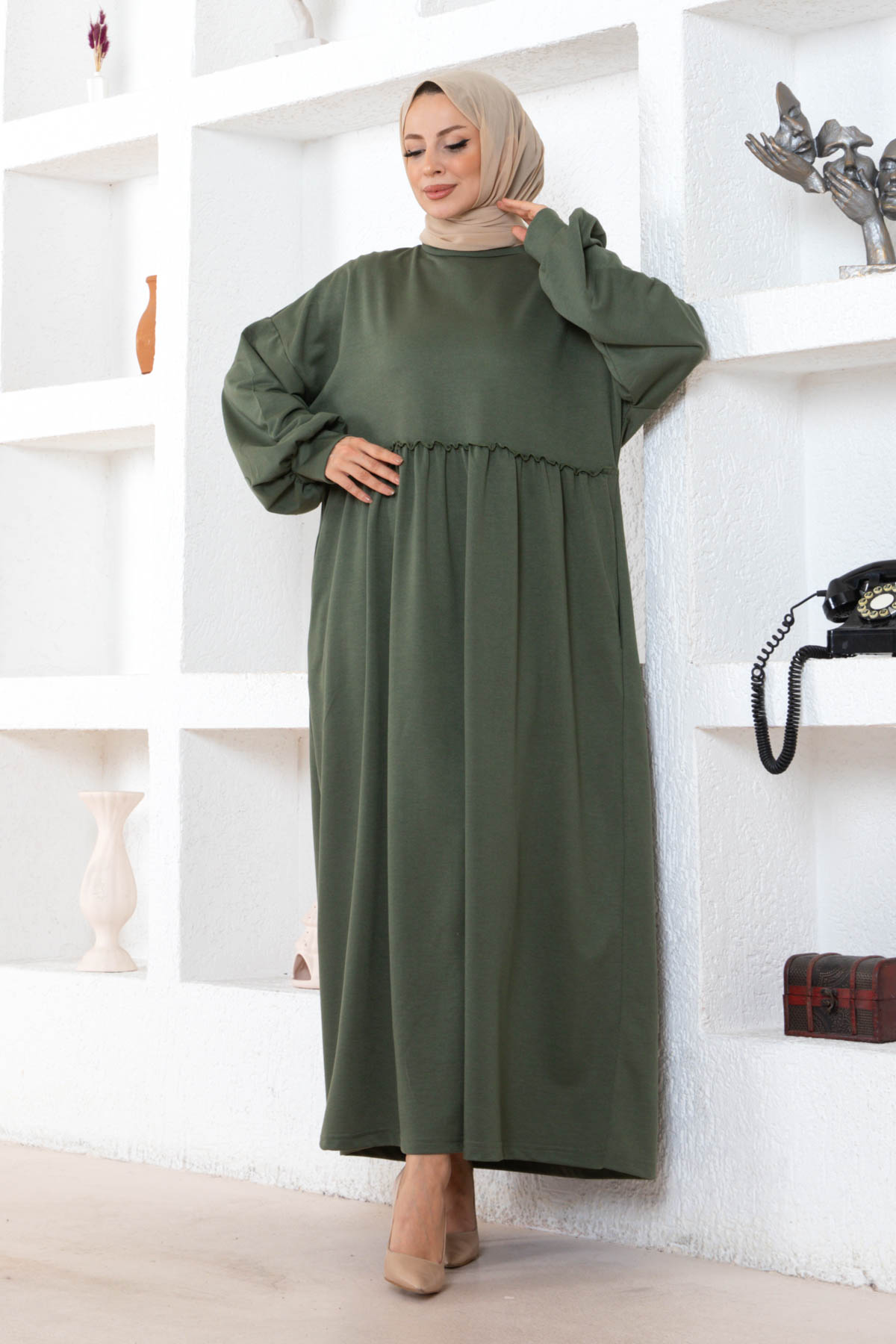 Cepli Salaş Fırfır Detaylı Elbise - Haki