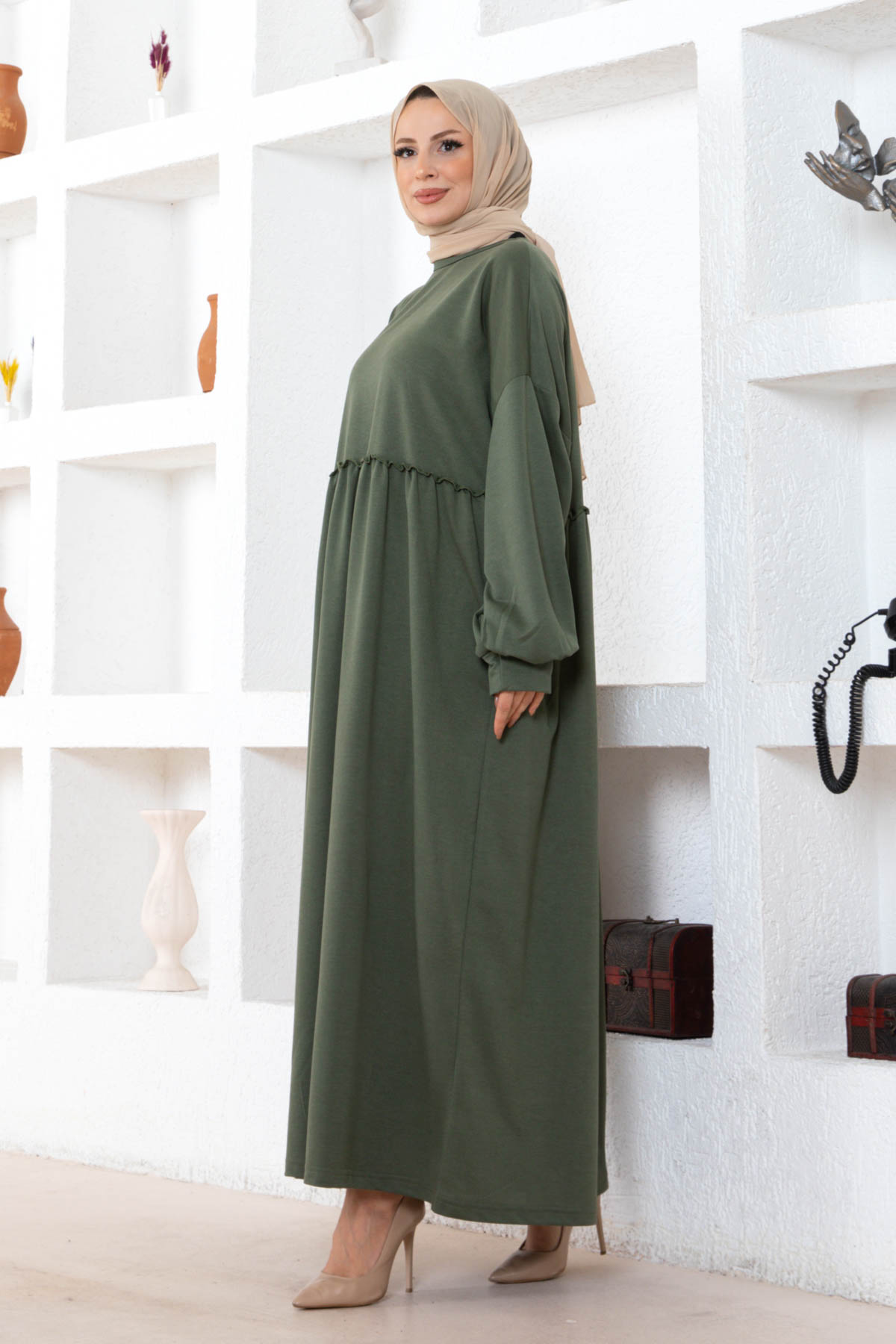 Cepli Salaş Fırfır Detaylı Elbise - Haki