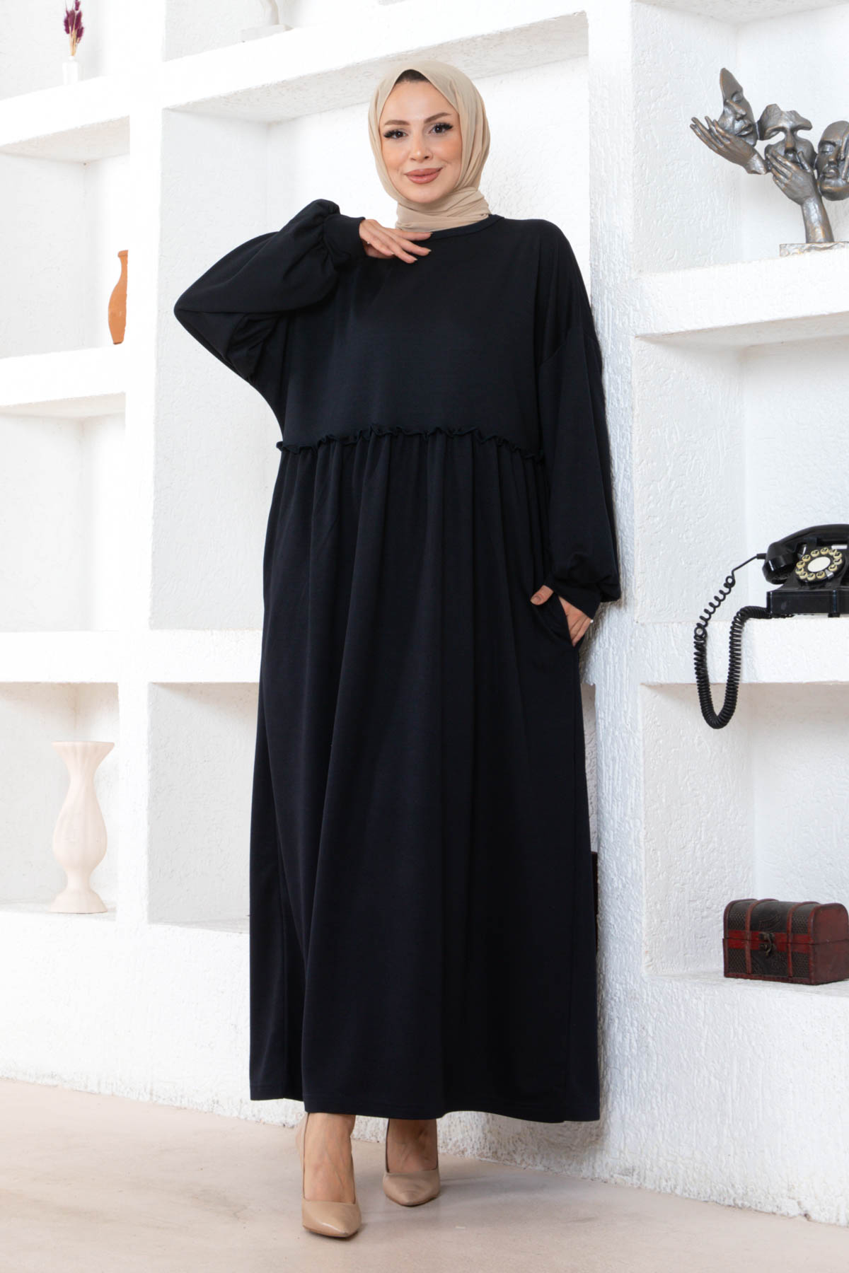 Cepli Salaş Fırfır Detaylı Elbise - Lacivert