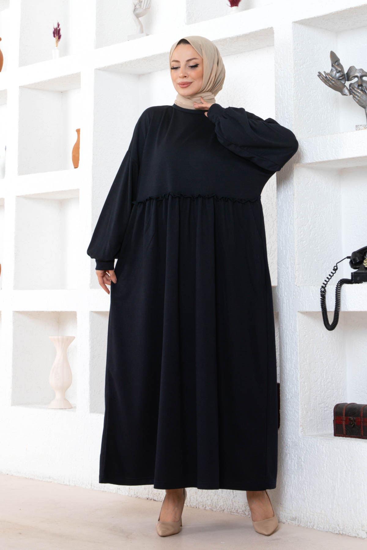 Cepli Salaş Fırfır Detaylı Elbise - Lacivert