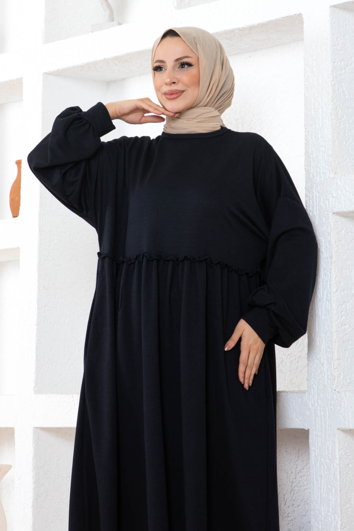 Cepli Salaş Fırfır Detaylı Elbise - Lacivert