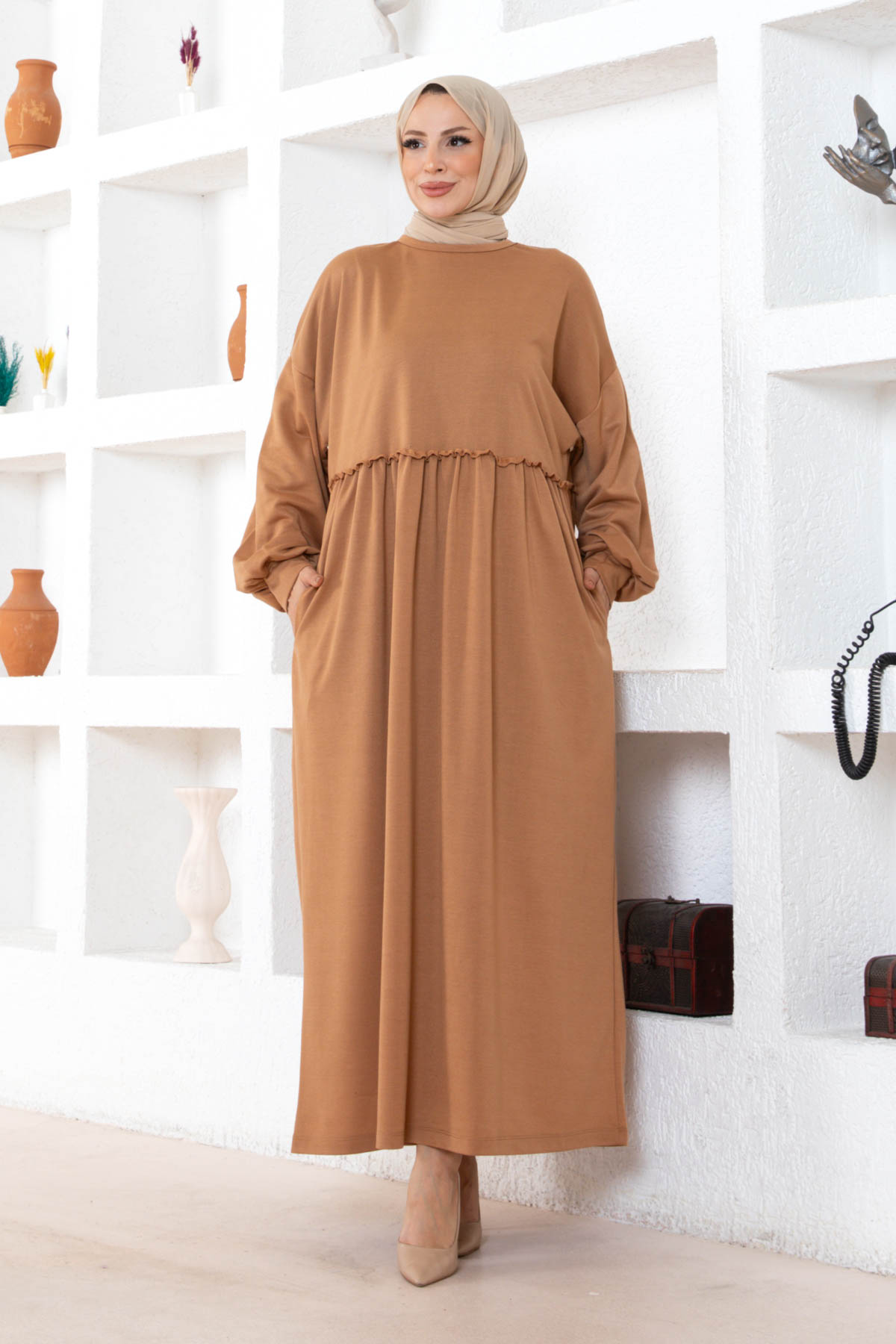 Cepli Salaş Fırfır Detaylı Elbise - Vizon