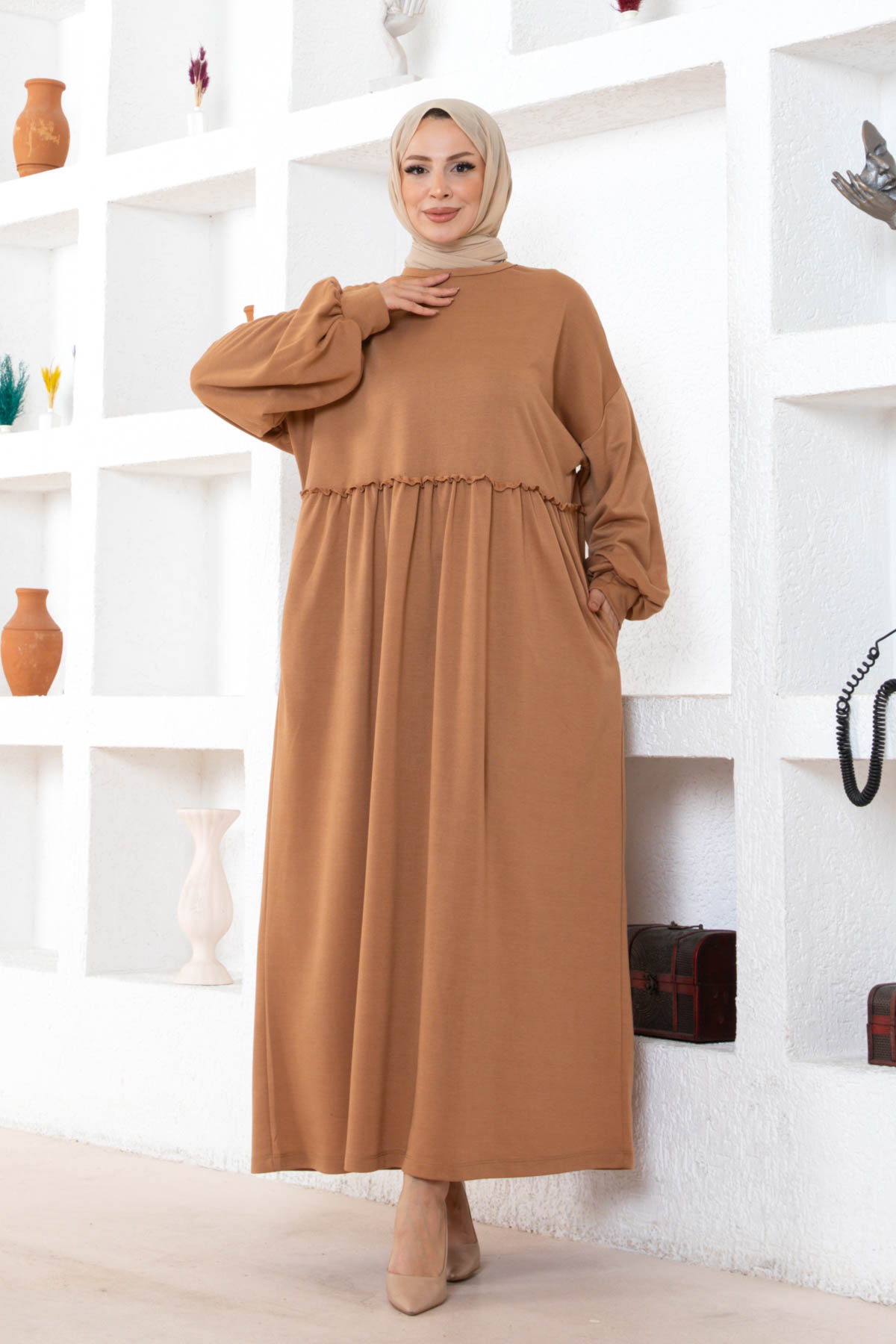 Cepli Salaş Fırfır Detaylı Elbise - Vizon