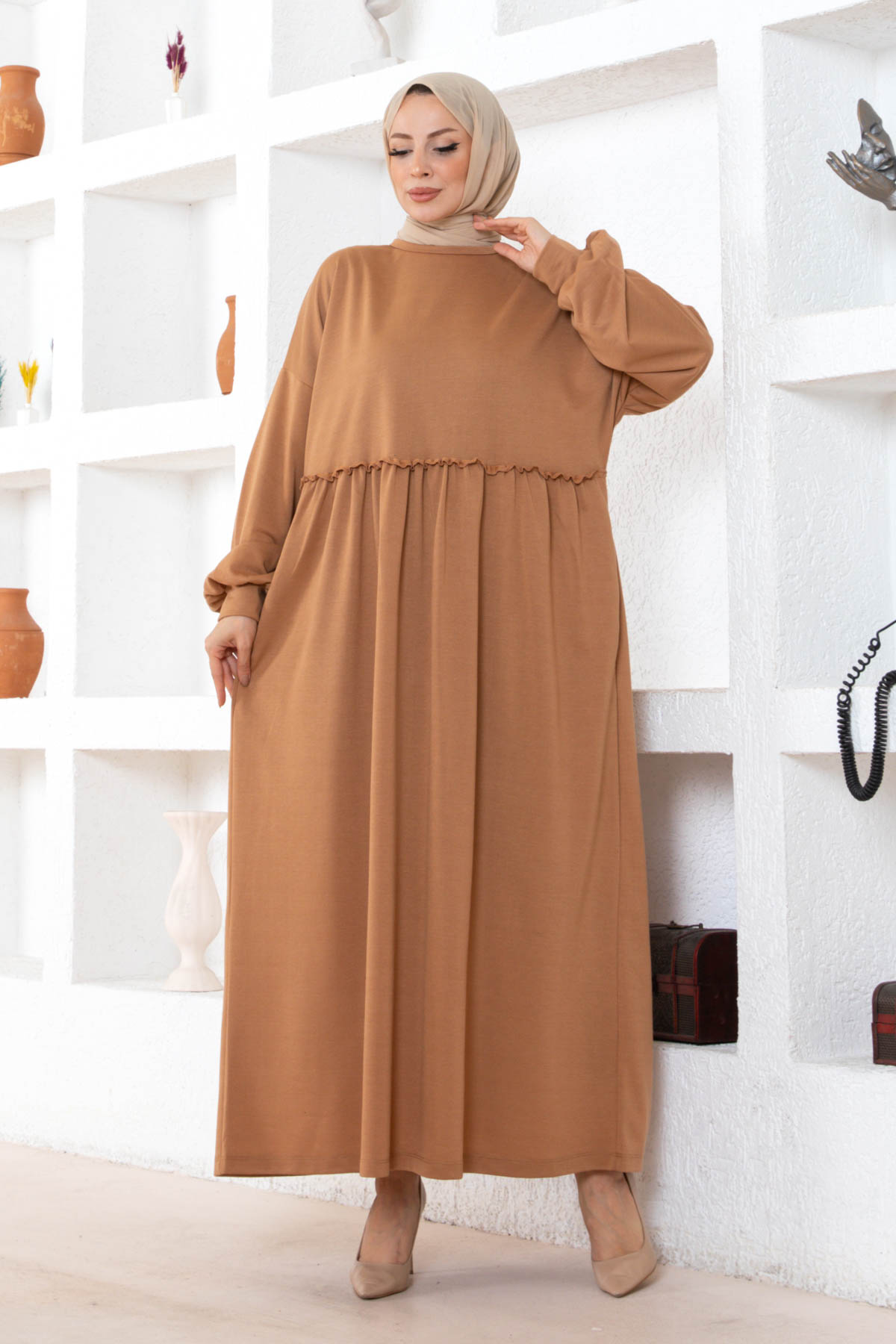 Cepli Salaş Fırfır Detaylı Elbise - Vizon