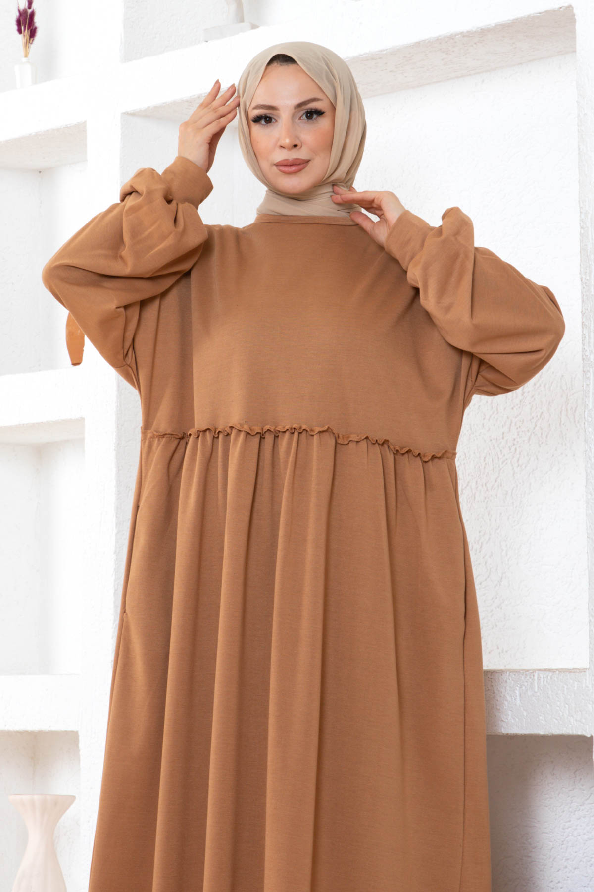 Cepli Salaş Fırfır Detaylı Elbise - Vizon