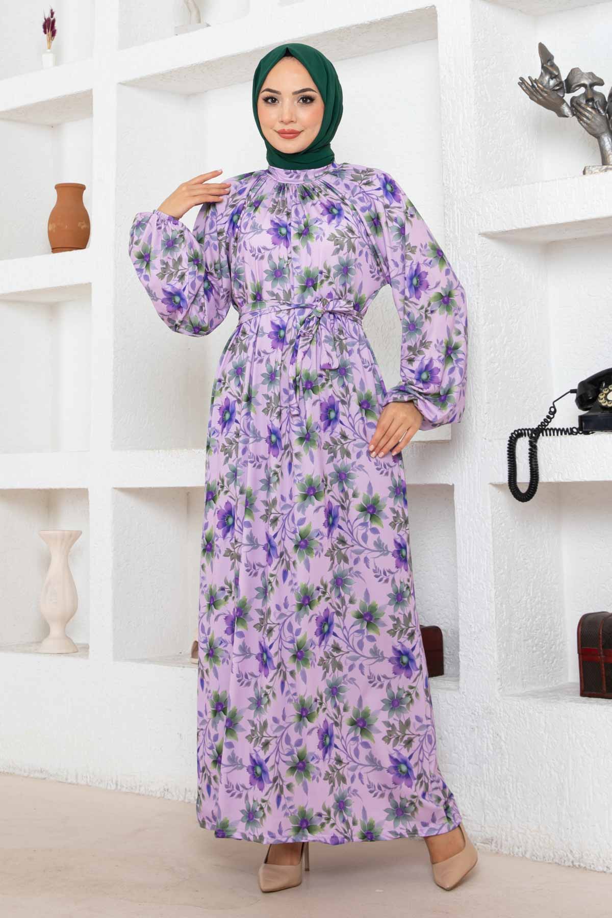 Çiçek Desen Reglan Elbise - Lila