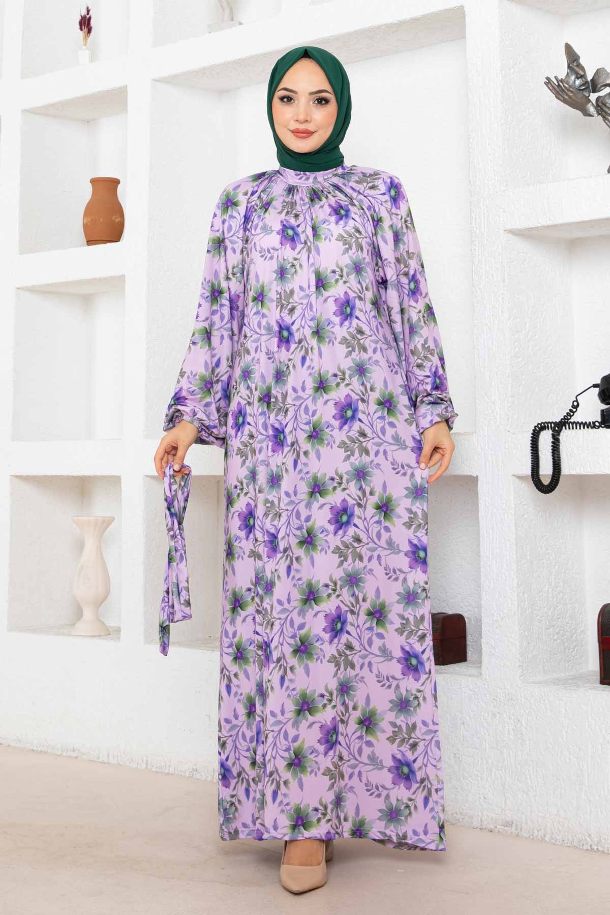 Çiçek Desen Reglan Elbise - Lila