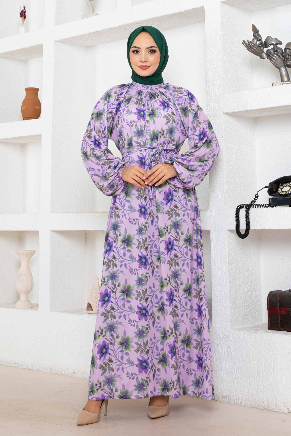 Çiçek Desen Reglan Elbise - Lila