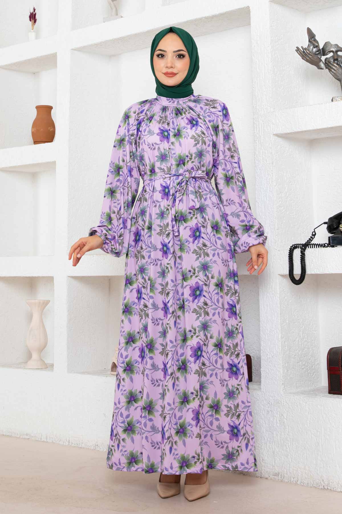 Çiçek Desen Reglan Elbise - Lila