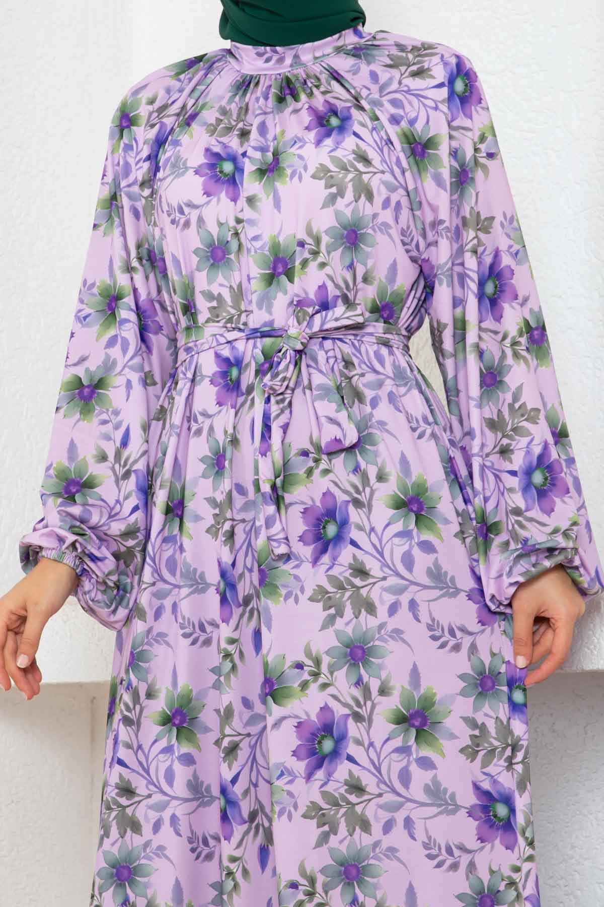 Çiçek Desen Reglan Elbise - Lila