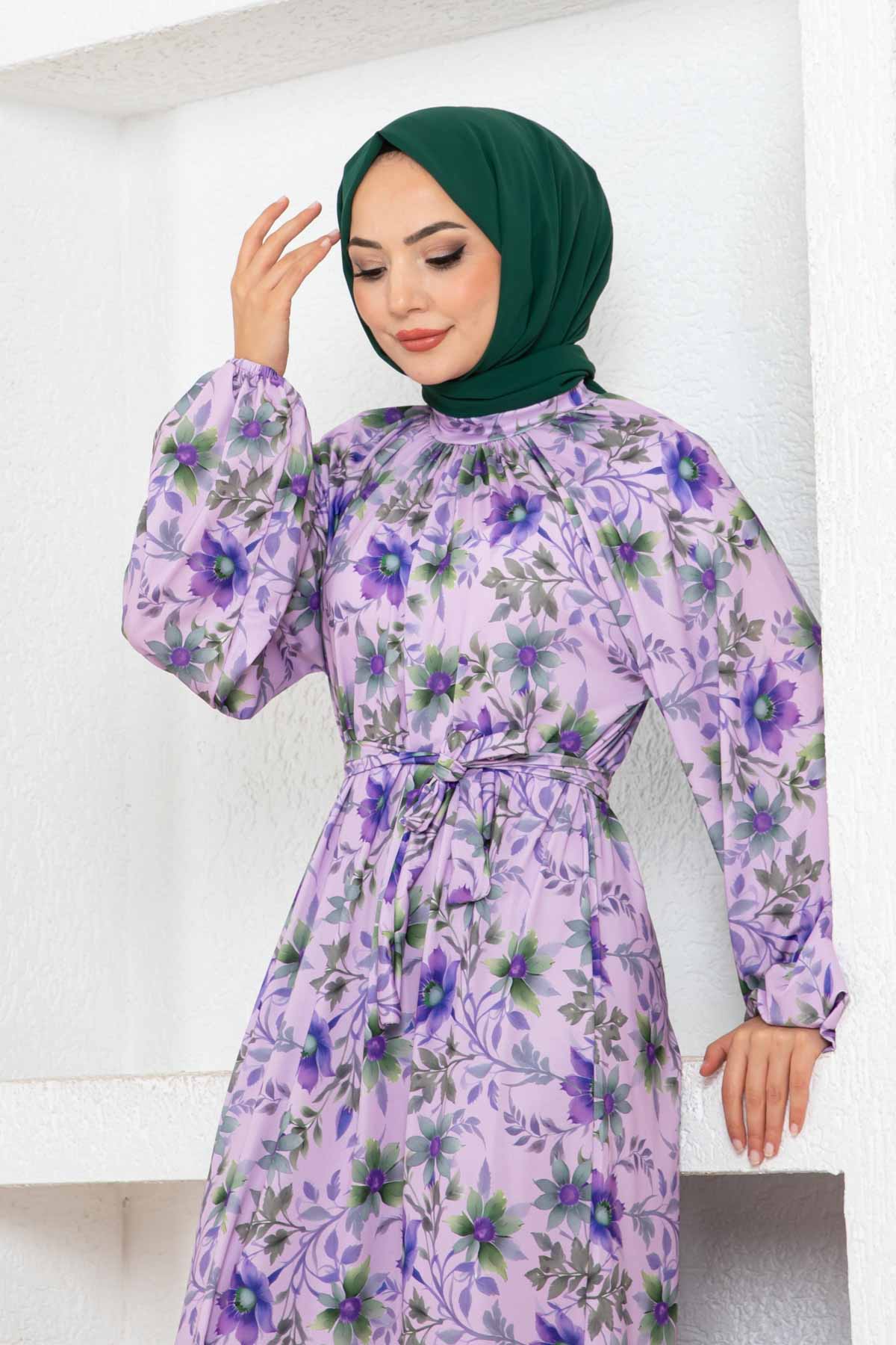Çiçek Desen Reglan Elbise - Lila