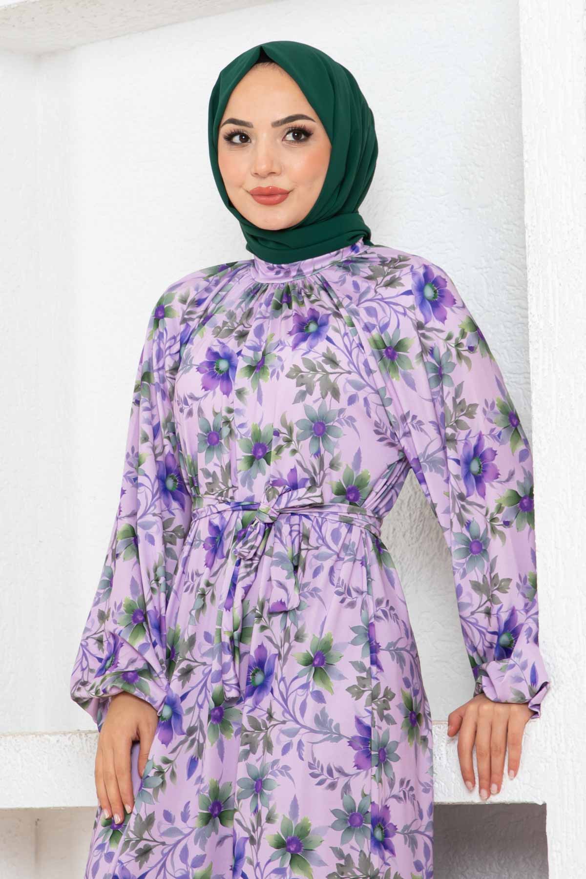 Çiçek Desen Reglan Elbise - Lila