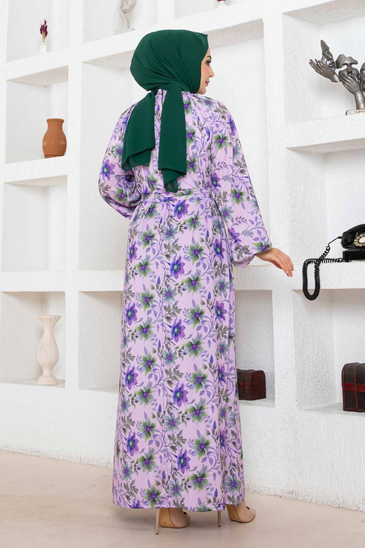 Çiçek Desen Reglan Elbise - Lila