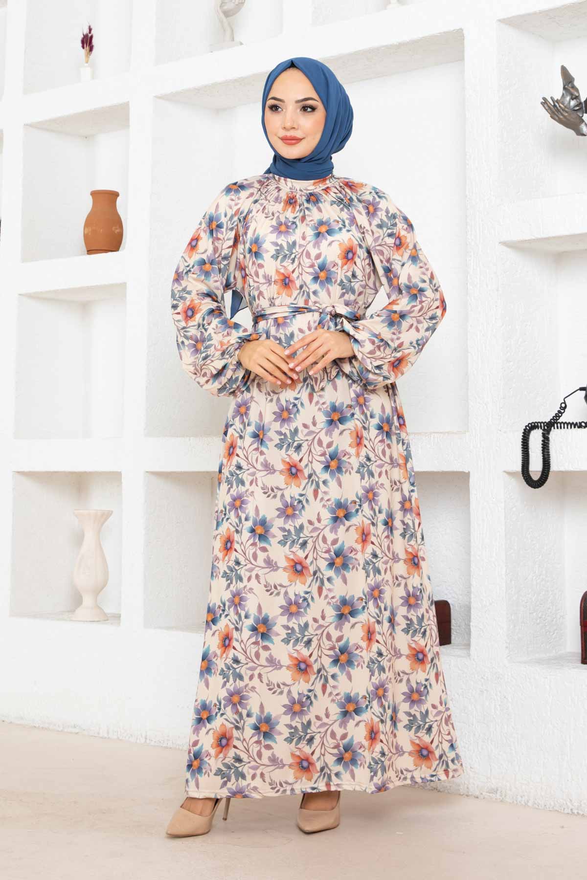 Çiçek Desen Reglan Elbise - Taş