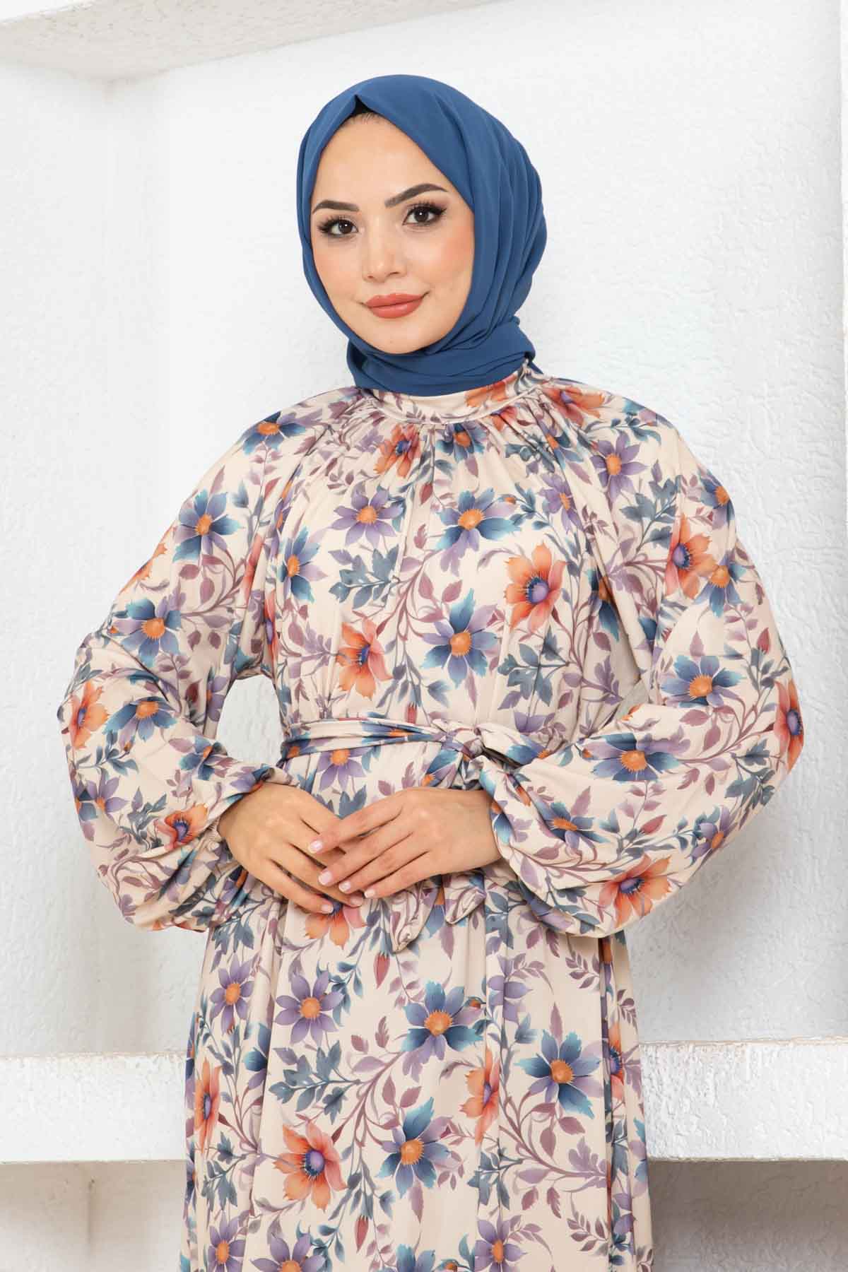 Çiçek Desen Reglan Elbise - Taş