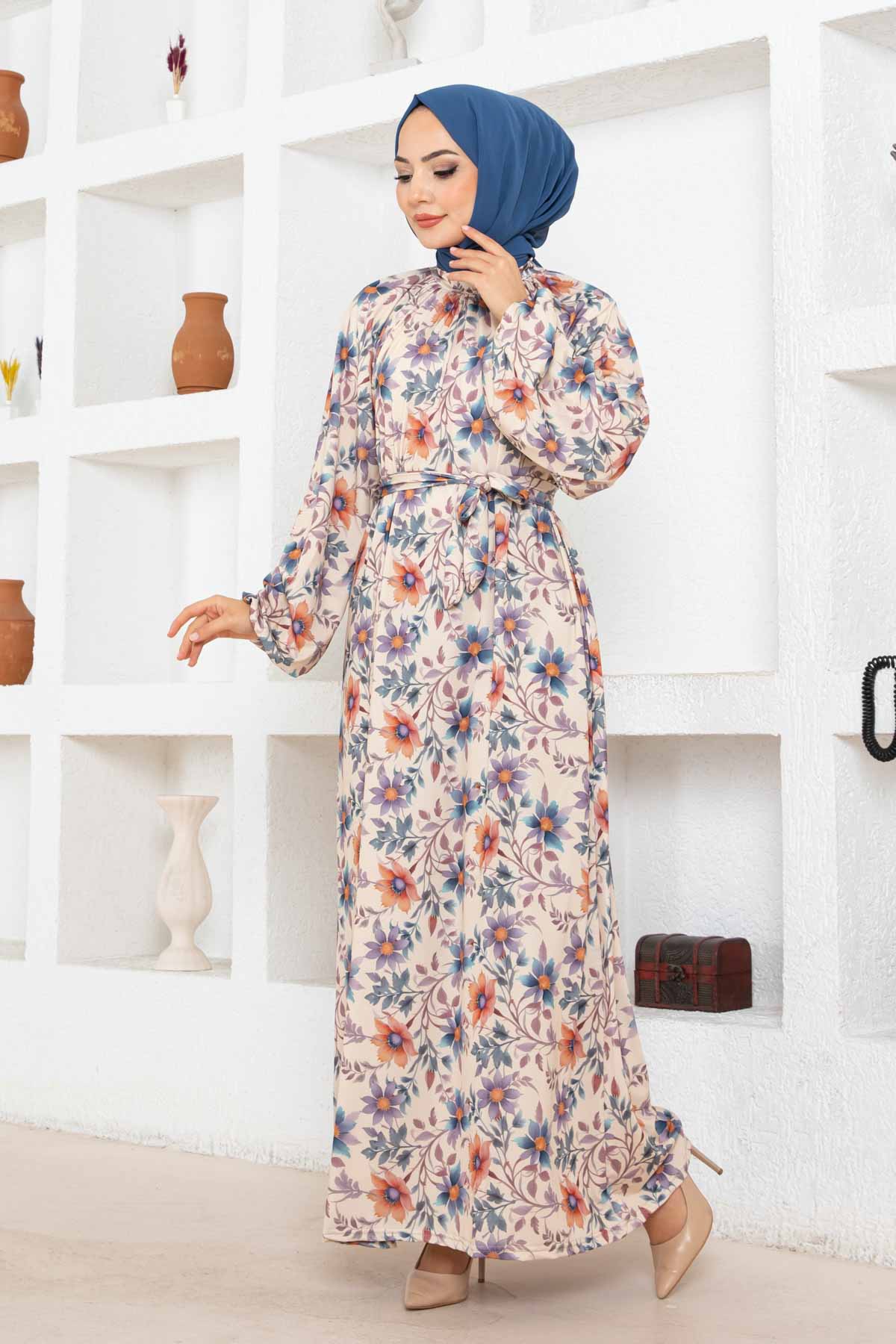 Çiçek Desen Reglan Elbise - Taş