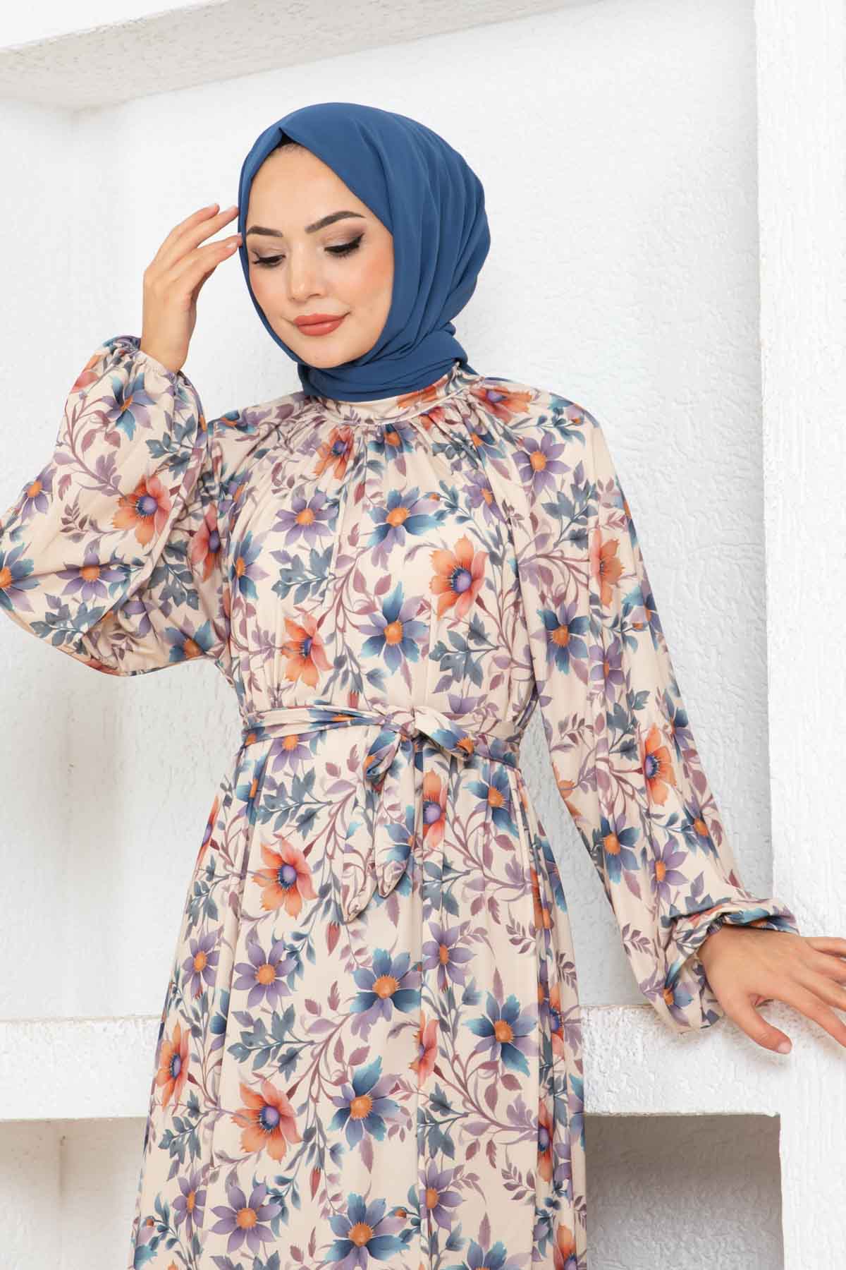 Çiçek Desen Reglan Elbise - Taş