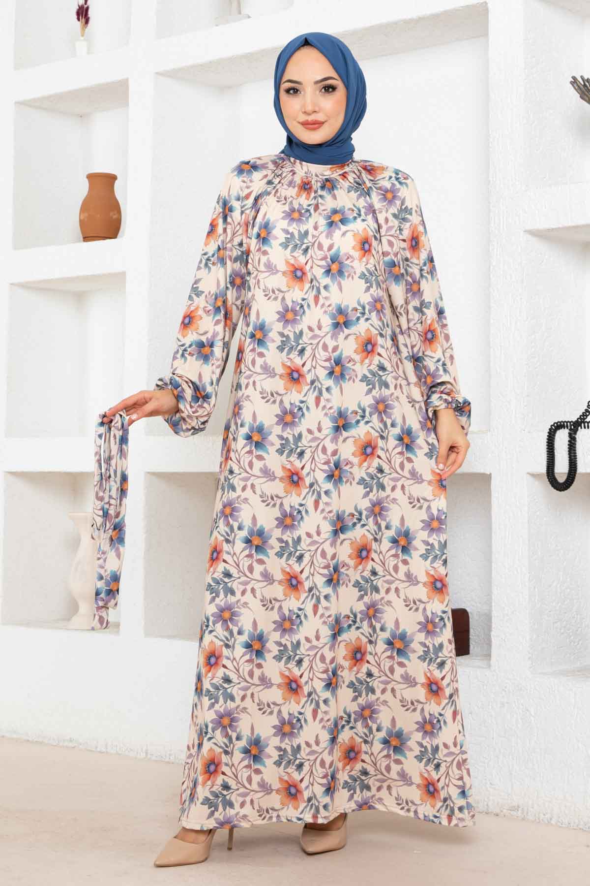 Çiçek Desen Reglan Elbise - Taş