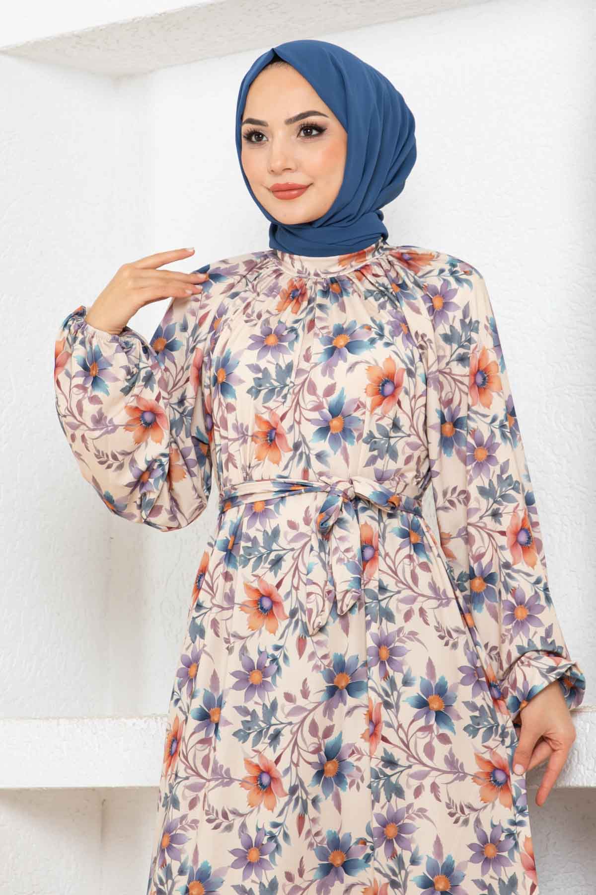 Çiçek Desen Reglan Elbise - Taş