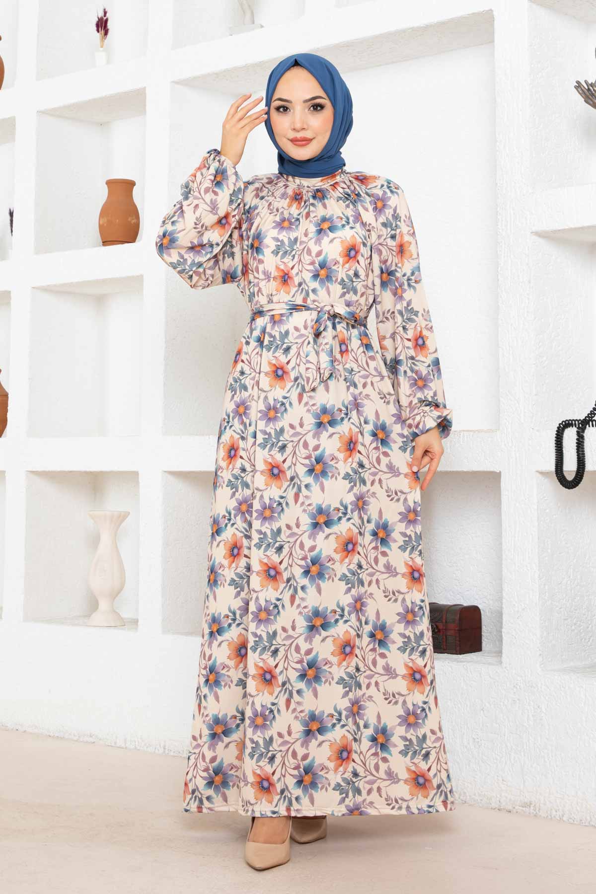 Çiçek Desen Reglan Elbise - Taş