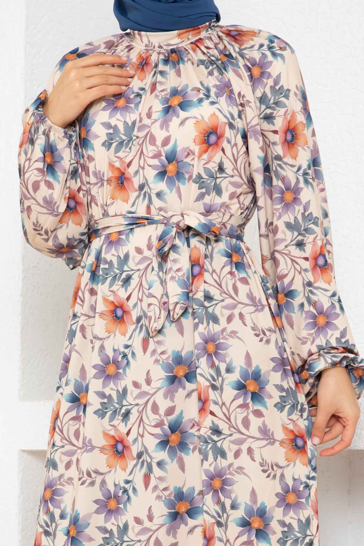 Çiçek Desen Reglan Elbise - Taş