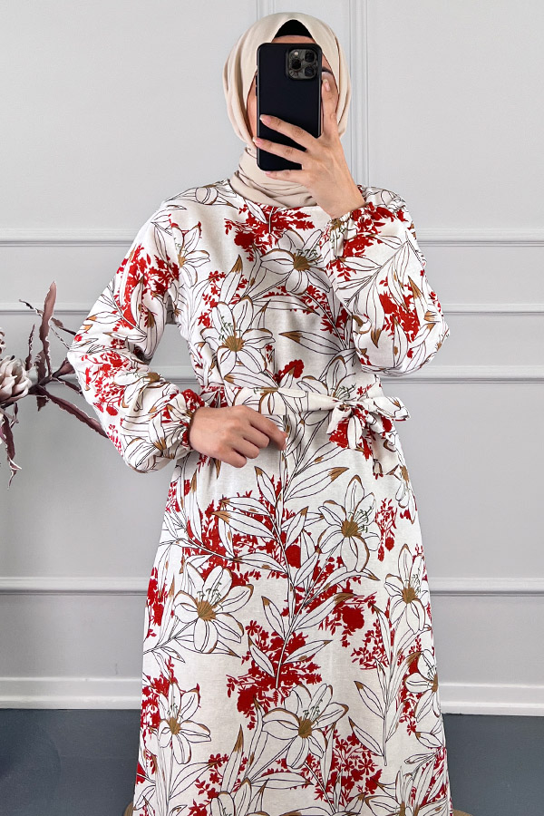 Çiçek Desenli Keten Elbise