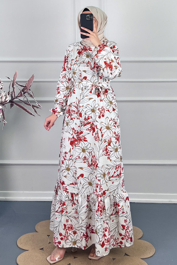 Çiçek Desenli Keten Elbise