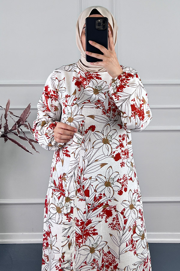 Çiçek Desenli Keten Elbise