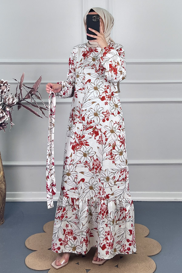 Çiçek Desenli Keten Elbise