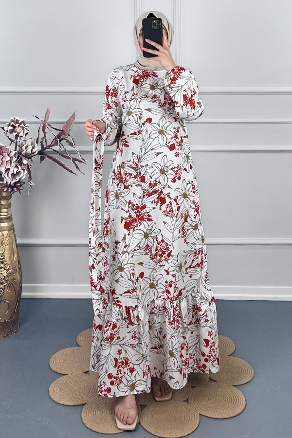 Çiçek Desenli Keten Elbise