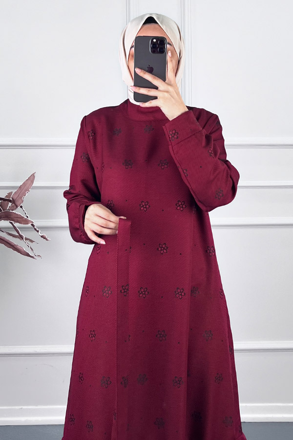 Çiçek Desenli Kışlık Elbise - Bordo
